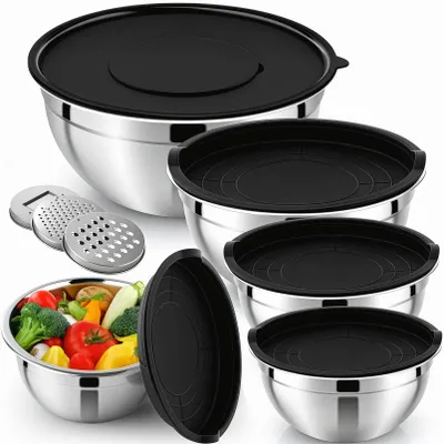 Productafbeelding van Set van 5 roestvrijstalen kommen, 26 cm / 22 cm / 18 cm, met deksels en 3 raspjes. Keukenkomset voor bakken en mengen