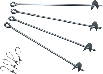 A set of metal ground anchors with screw-in bases and eyelet tops, along with a few wire loops with anchors. The anchors are arranged diagonally across a white background.