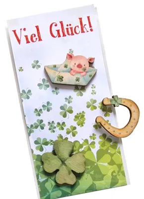 Produktbild von Glücksbringer Geschenk Karte - mit Kleeblatt Glücksschweinchen und Hufeisen aus Holz 7,5 x 16 cm