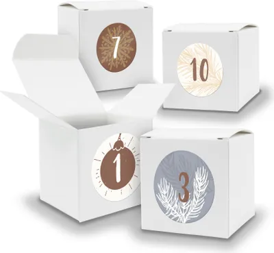 Produktbild von Adventskalender zum Füllen 24x Würfel 6,5cm WEISS + Sticker V04 Z15