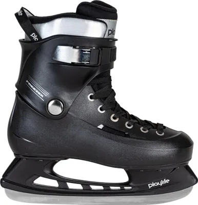 A black ice skate with silver accents is shown from the side against a white background.