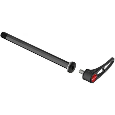 A bicycle thru-axle and quick-release lever are shown against a white background.
