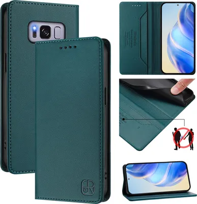 Obrázek produktu pro Kožené pouzdro pro Samsung Galaxy S8, flipové pouzdro s přihrádkami na karty, peněženkou a stojánkem Tmavě zelená