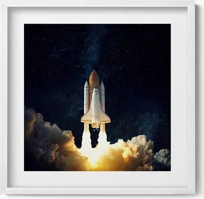 Produktbild von Rakete, die in den Weltraum abhebt– Wandbild mit Rahmen – Gerahmtes Bild  – Wanddekoration – 50x50 cm –  Weiß Rahmen