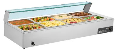 Image de SucceBuy : Chauffer-plat commercial avec 8 bacs de taille moyenne, puissance de 1,7 kW, en acier inoxydable, avec couvercle en verre et louche à soupe, idéal pour les services de traiteur, les restaurants et les fêtes