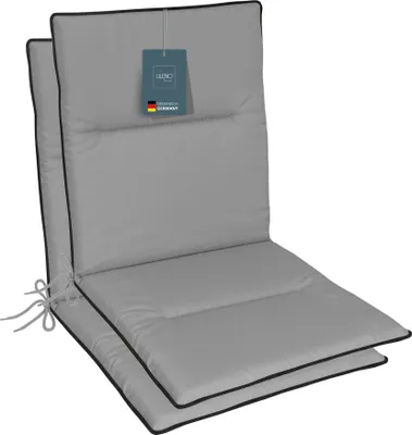 Produktbild von LILENO HOME Gartenstuhl Auflagen als [2er Set - Niedriglehner] in Grau + Keder Anthrazit - bequeme Liegen als Sitzauflagen für Gartenmöbel - Stuhlkissen für Gartenstühle und Klappstühle