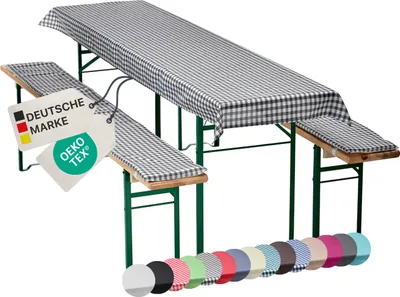 Produktbild von NYVI Bierbankauflagen Set NYVIGala 240x70 cm Grau Kariert - 1x Tischdecke für 220x50 cm Biertische & 2x Gepolsterte Auflage für 220x25 cm Bierbänke - Sitzauflage für Bierzeltgarnitur