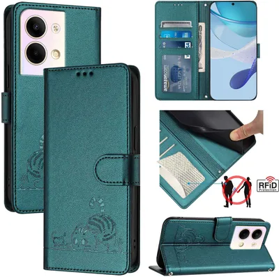 Produktbild von Leder Hülle für Oppo Reno9 / Reno9 Pro Süße Katze Flip Case Brieftasche Schutzhülle mit Standfunktion Grün