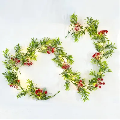 Weihnachtsgirlande 180 cm, Kunstranken mit roten Beeren, 35 LEDs