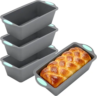 Imagen del producto de 4 moldes para pan, rectangulares, de silicona, de 26 x 12 cm, con asas, antiadherentes, aptos para lavavajillas, ideales para hacer pan, tartas y pasteles