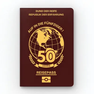 Gästebuch Reisepass-Format 50. Geburtstag, 29 Seiten, 30 Stempel