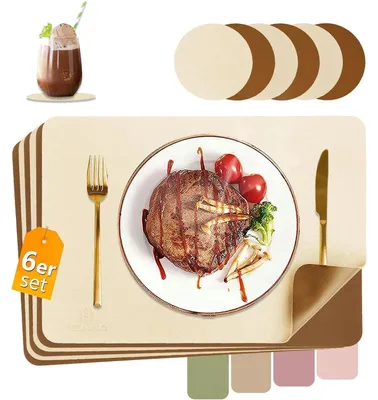Produktbild von Tischsets Abwaschbar Lederoptik Hitzebeständig 6er Set mit Untersetzern Beige+Braun 43x30cm