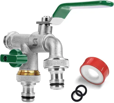 Image de Robinet de jardin Double robinet d'écoulement en laiton Anti-rouille et anti-gel 2x raccords de tuyau Vert