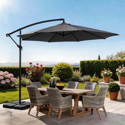 Image de Parasol ALIGHTUP pour jardin, ? 300 cm, pour balcon, terrasse ou marché, avec pied et manivelle, pour le jardin, protection UV, gris