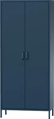 A dark blue cabinet with two doors and silver handles.