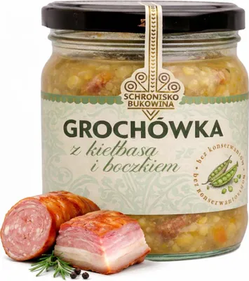 Zdjęcie produktu dla 400 ml zupy grochowej z boczkiem i kiełbasą – Schronisko Bukowina