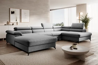 Productafbeelding van Zitmeubel in U-vorm, slaapbank BASTIEN, bekleed met stof in de kleur "Whisper Grey", met een chaise longue aan de linkerkant