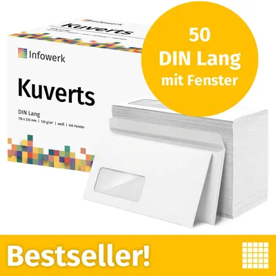 Produktbild von : Infowerk Briefumschläge mit Fenster, DIN Lang, unbedruckt, 50 Stück