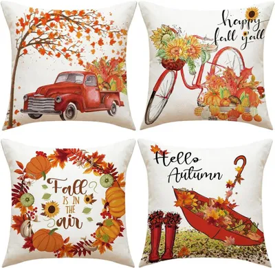 Imagen del producto de Juego de 4 fundas de cojín, 45 x 45 cm, con motivos de calabazas, para decoración otoñal