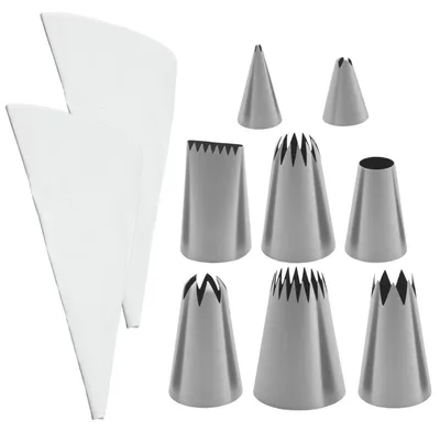 Immagine prodotto di Set di sacchetti per decorazioni con beccucci, composto da 10 pezzi: 2 sacchetti in cotone da 40 cm, 8 beccucci in acciaio inossidabile