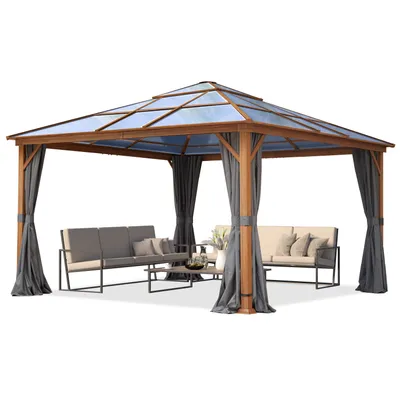 Produktbild von Gartenpavillon 4x4 m Holzoptik, ca 8 mm Polycarbonat-Dach, 4 Seitenteile in grau