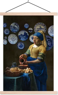 Produktbild von MuchoWow® Textilposter Milchmädchen - Vermeer - Das Mädchen mit dem Perlenohrring 60x90 cm mit holzfarbenen Rahmen - Textil