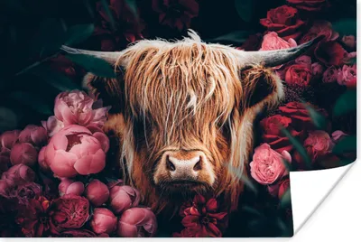 Produktbild von MuchoWow® Poster Kuh - Schottischer Highlander - Blumen - Botanisch 180x120 cm - Fotoplakat