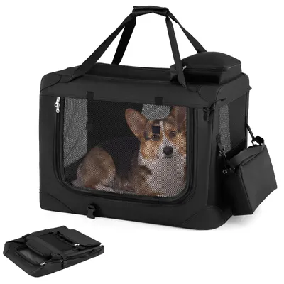Image de Cage de transport pliable pour chien COSTWAY 61 x 43 x 43 cm, sac de transport avec fenêtres en filet, 3 portes, rembourrage amovible, poignées de transport et 2 poches, cage de transport portable pour chien