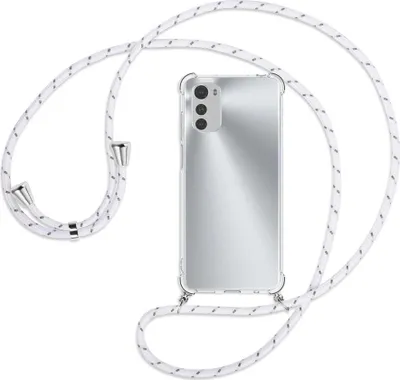 Produktbild von Handykette Backcover-Schutzhülle mit Band (Metall silberfarben) für Motorola Moto E32, Moto E32s - weiß/grau