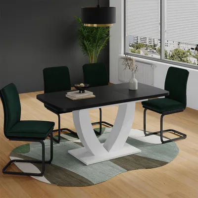 A dining table set in a modern dining room.