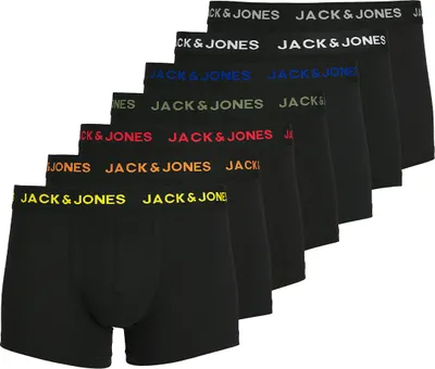 A stack of black boxer shorts with different colored waistbands, each displaying the "JACK & JONES" logo.