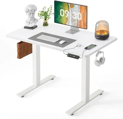 Productafbeelding van Verstelbaar bureau, elektrisch, met USB-A en USB-C oplaadpoorten, 120 x 60 cm, zit-sta bureau, sta bureau, wit