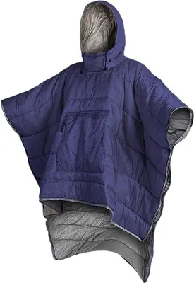 Image de manteau poncho d'hiver 2 en 1 avec grande poche frontale et bonnet coupe-vent, sac de couchage 200cm pour le camping en plein air, couverture à capuche portable(Marine)