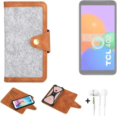 Produktbild von K-S-Trade Handyhülle + Kopfhörer kompatibel mit TCL 403 Schutzhülle Filz Hülle Kunstleder hellgrau braun (1x)