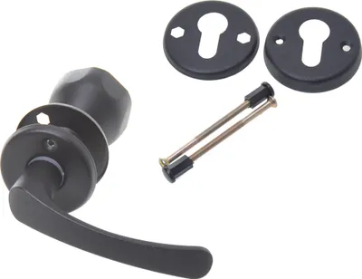 A set of door hardware, including a lever handle, knob, and escutcheons, laid out on a white background.