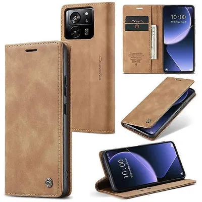 Collage of images showing a brown leather phone case for a Xiaomi 13T/13T Pro.