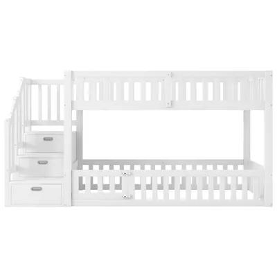 Produktbild von Flieks Etagenbett 90x200cm mit Stauraumtreppe, Kinderbett Hochbett mit Schubladen, Hausbett mit Tür, Stockbett Einzelbett mit Lattenrost, Weiß