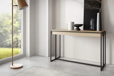 Produktbild von Konsolentisch Ausziehbar im Loft-Stil – Bis 300 cm – Industrieller Tisch mit Schwarzen Metallbeinen, Platzsparend für Wohnzimmer oder Esszimmer – Artisan Eiche
