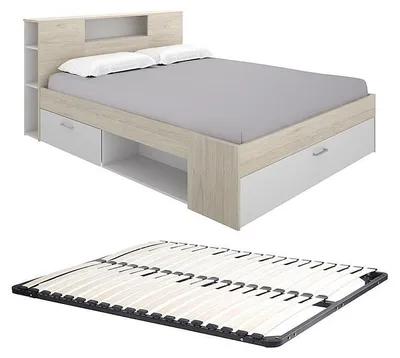 Produktbild von Bett mit Kopfteil, Ablage und Schublade - 180 x 200 cm - Natur und weiß + Rahmen - LEANDRE