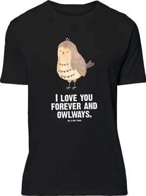 Produktbild von Mr. & Mrs. Panda Tshirt Eule Zufrieden - Schwarz - Geschenk, oberteil, S T-Shirt, Owl, Hochzeitstag, Liebe Spruch, Liebesspruch, Wortspiel, Shirt, Jersey-Shirt
