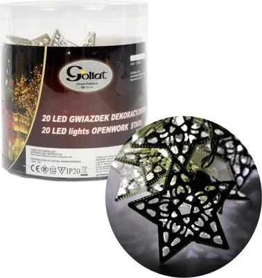 Zdjęcie produktu dla Srebrne Metalowe Lampki Choinkowe w Kształcie Gwiazd - 20 LED, Zasilane Bateryjnie, Długość 2,85 metra