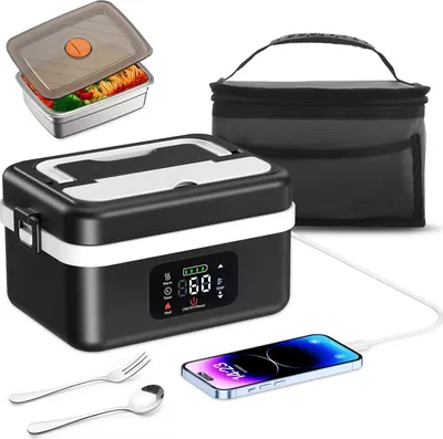 Immagine prodotto di Contenitore termico elettrico per il pranzo - Scaldacibi a batteria - Capacità 1 l - Acciaio inossidabile - Con posate - Borsa termica - Nero