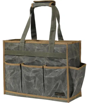 Immagine prodotto di Borsa per attrezzi grande, realizzata in tela da vela, con 8 tasche esterne, tessuto di tela da vela cerato, colore verde militare, dimensioni 40x15x29 cm