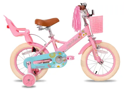 Kinderfahrrad 14 Zoll, Prinzessin, mit Stützrädern, Korb, rosa