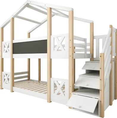 Immagine prodotto di Letto a castello 90 x 200 cm, lettino a forma di casa sull'albero con scaletta, spazio contenitore e protezione anticaduta, letto a soppalco per bambini – 2 reti a doghe – Naturale e bianco