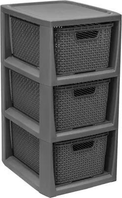 A dark gray plastic three-drawer storage unit with woven-textured baskets.