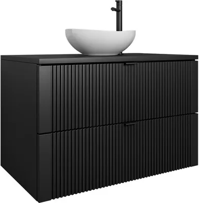 Produktbild von Easy4You Unterschrank DAKI 80 cm Schwarz Hängeschrank Badschrank Badezimmerschrank mit 2 Schubladen - Geriffelte Front