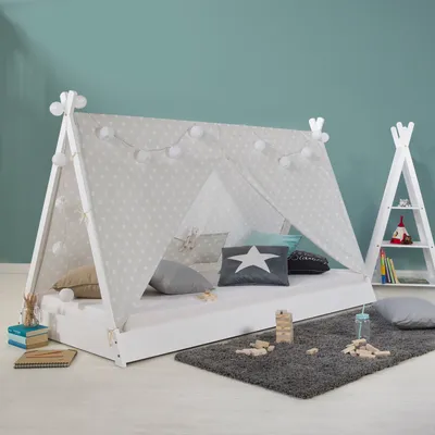 Image de Lit bébé tipi 90x200 jeunes lits blanc gris lit Chambre enfant tissu