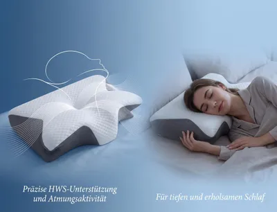 Produktbild von Ergonomisches Therapie-Nackenkissen aus Memory Foam, Orthopädisches HWS-Schlafkissen für Seiten-, Rücken- & Bauchschläfer, Atmungsaktiv und Waschbar