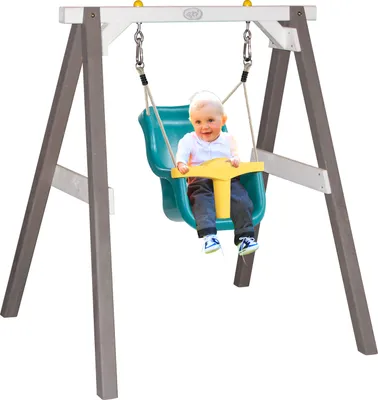 Image de Axi Portique En Bois Gris / Blanc - Balançoire Bébé | Balançoire Turquoise / Jaune Pour Les Enfants À Partir De 9 Mois | Balançoire Pour L’Extérieur